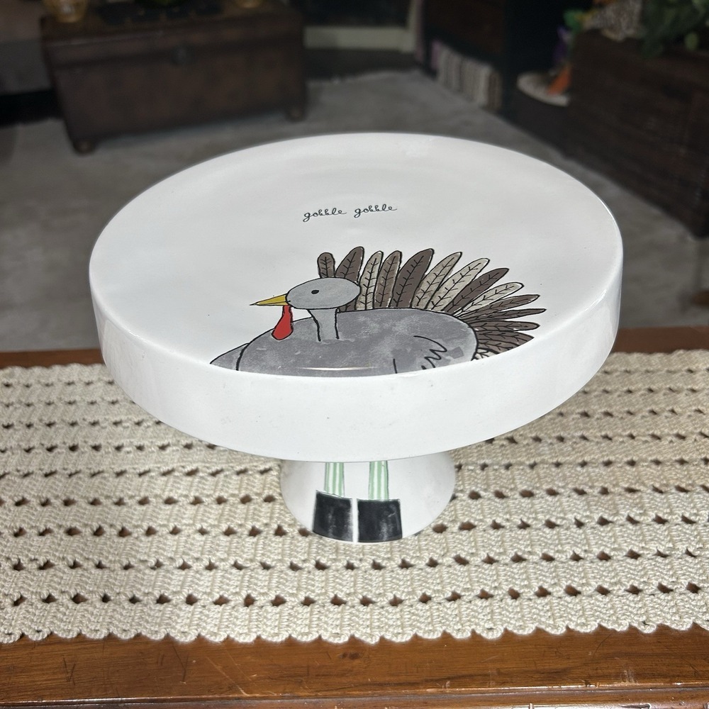 Rae Dunn Artisan Gobble Gobble Cake Stand Thanksgiving Turkey Hand Painted 7" T